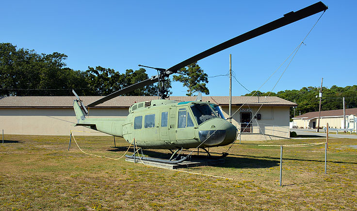 A decommissioned UH-1 helicopter at the Fort Fisher Air Force Rec Area