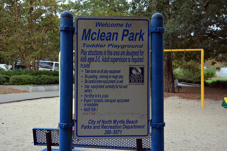 Welcome and rules signage at Mclean Park in Myrtle Beach, SC